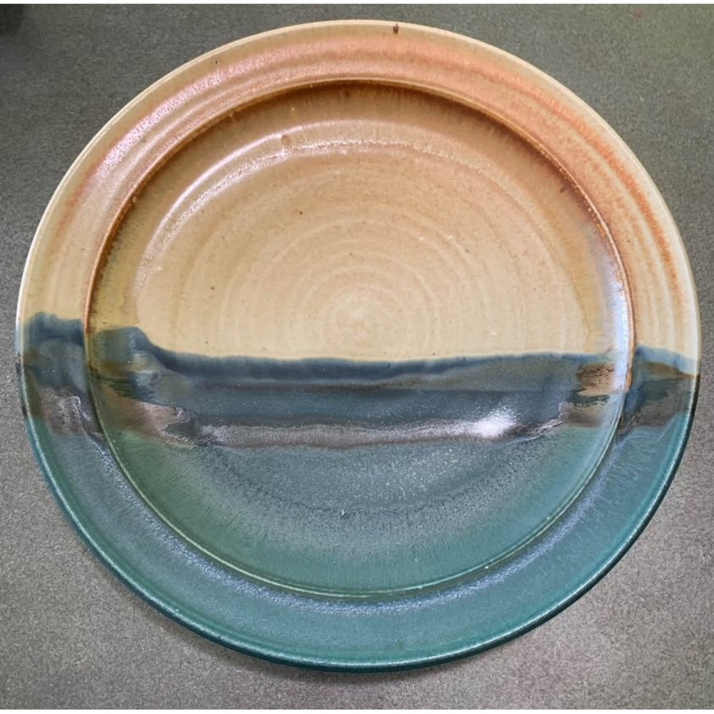 Handmade Studio Pottery Round Platter 13" Teal Earthy Landscape Serving Plate